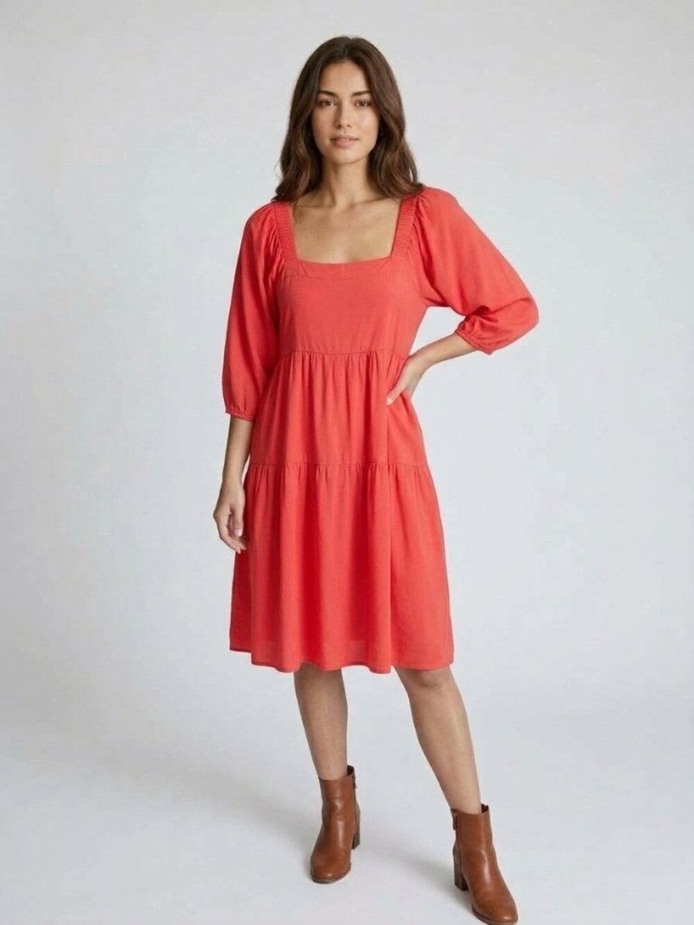 Square Neck Long Puff Sleeve Midi Dress in Coral (Size S)